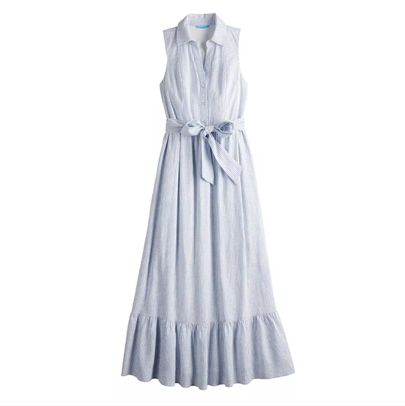 DRAPER JAMES RSVP Button Front Maxi Dress Sleeveless Linen Blend Blue Striped XL - Picture 2 of 15